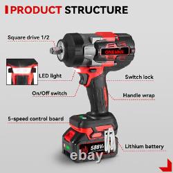 2800Nm Cordless Electric Impact Wrench Gun 1/2'' High Power Driver With 2x Battery