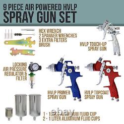 9 pc Set 3 HVLP SPRAY GUN KIT Auto Paint Primer Topcoat Detail Regulator Filter