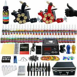 Complete Tattoo Machine Kit 2 Gun 54 Inks LCD Power Supply Needles Grip Tips Box