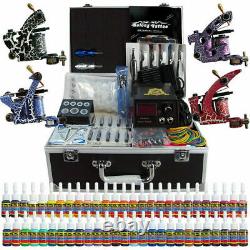 Complete Tattoo Machine Kit 4 Tatto Gun 54 Ink Power Supply Needle Grip Tip Case