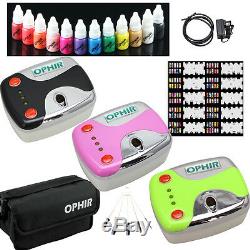 OPHIR 12 Color Nail Inks Pigment Airbrush Gun Air Compressor Kit With Nail Parts