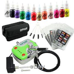 OPHIR 12 Color Nail Inks Pigment Airbrush Gun Air Compressor Kit With Nail Parts