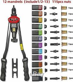 Rivet Gun Kit 115 PC Set Nut Setter Hand Tool Metric SAE Mandrel 16 Fastener