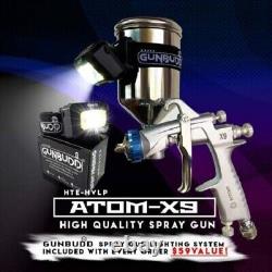 Ensemble de pistolet pulvérisateur ATOMX9 HVLP professionnel à alimentation par gravité pour vernis transparent avec Gunbudd gratuit