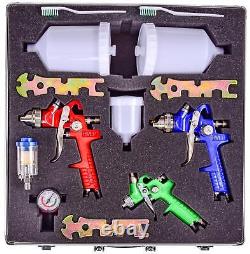JEGS 81224 Pistolet de pulvérisation HVLP Pro et kit de détails, kit de 8 pièces comprenant (3) pistolets de pulvérisation