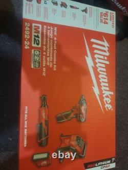 Kit combo 4 outils Milwaukee 2492-24 M12 : visseuse, cliquet, gonfleur, lampe, neuf