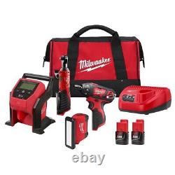 Kit combo de 4 outils Milwaukee 2492-24 M12 : visseuse, clé à cliquet, gonfleur, lampe NEUF