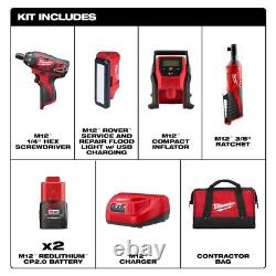 Kit combo de 4 outils Milwaukee 2492-24 M12 : visseuse, clé à cliquet, gonfleur, lampe NEUF