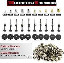 Kit de pistolet à inserts à écrou lourd avec 10 mandrins et 100 rivnuts, opération facile