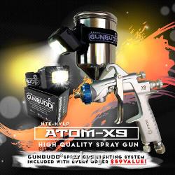 Kit de pistolet de pulvérisation professionnel HVLP Atomx9 pour voiture avec alimentation par gravité, avec lumière Gunbudd offerte.