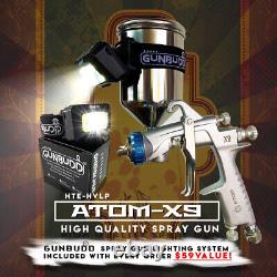 Kit de pistolet de pulvérisation professionnel HVLP Atomx9 pour voiture avec alimentation par gravité, avec lumière Gunbudd offerte.