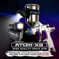 Kit de pistolet de pulvérisation professionnel HVLP Atomx9 pour voiture avec alimentation par gravité, avec lumière Gunbudd offerte.